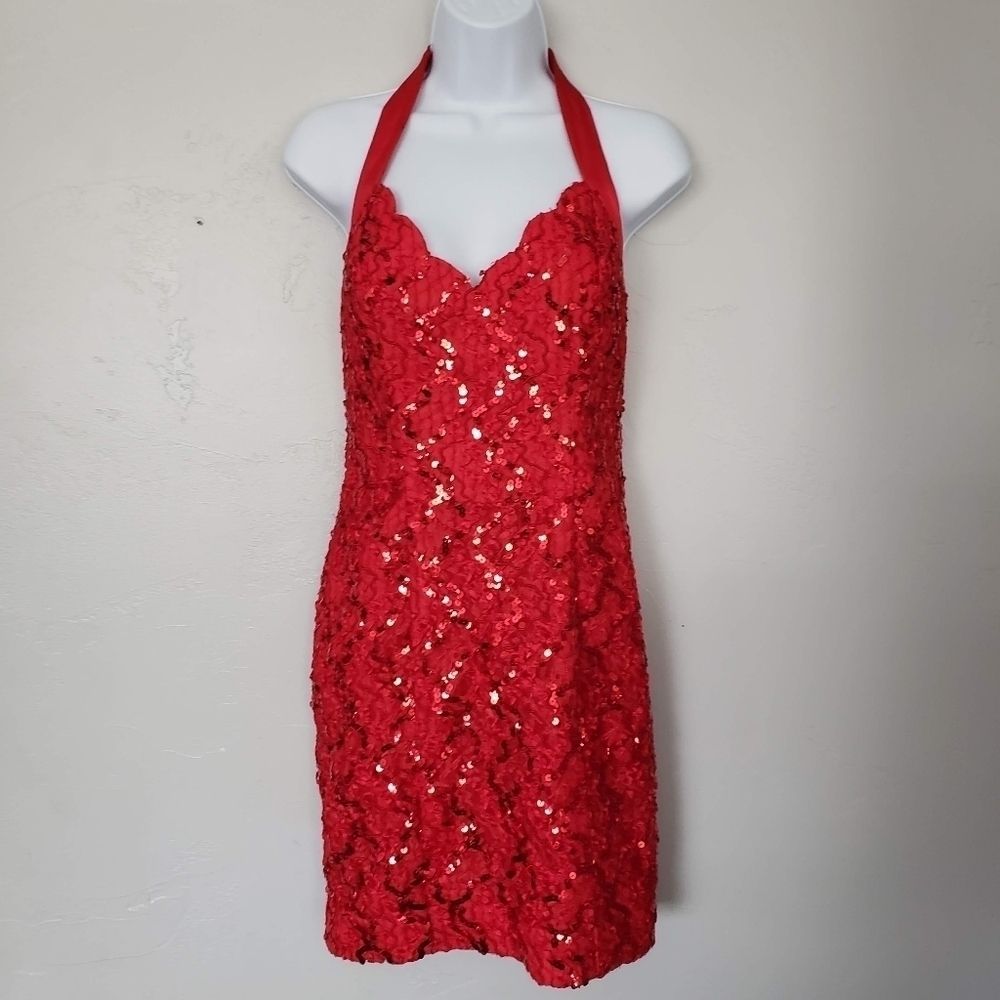 Bari-Jay Vintage Women's Red Sequin Halter Top Mini Dress Scallop Formal Fancy